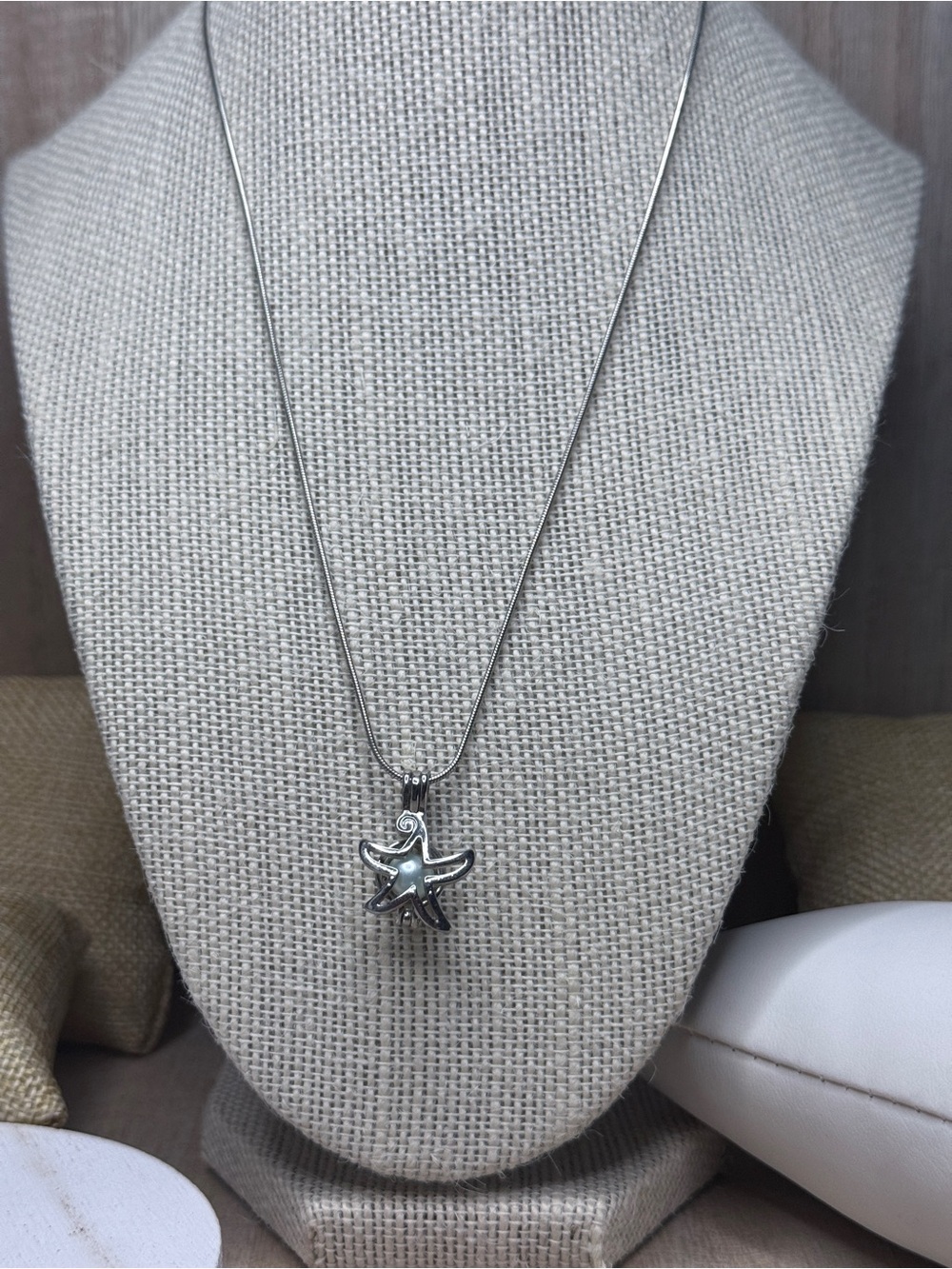 Silver Tone Starfish Cage Locket Light Mint Pearl Pendant Necklace